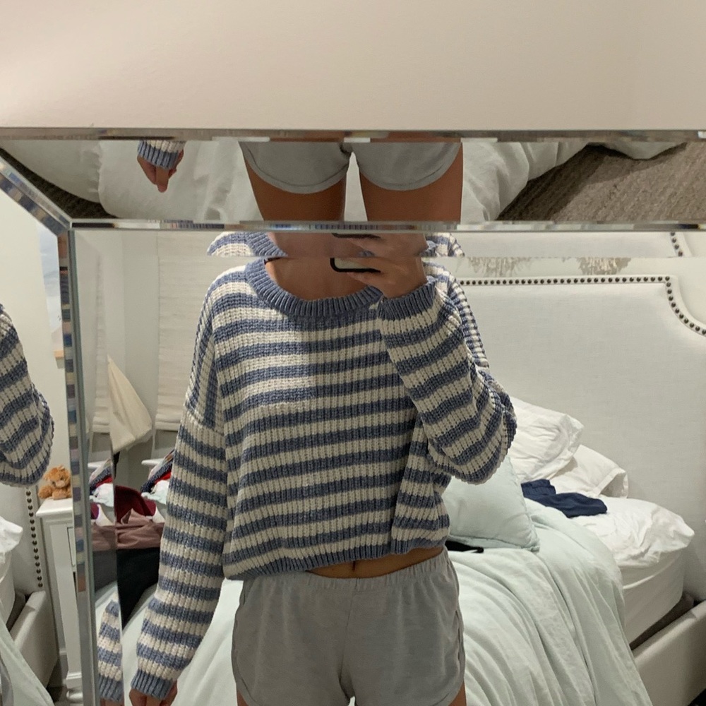 Blue and White Striped Fuzzy Sweater